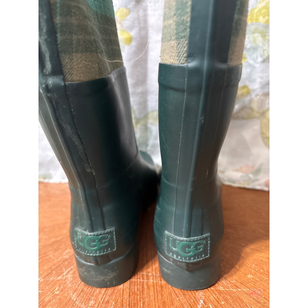 Womens Tall Hunter Green Plaid Rubber Rain Boots Knee High Waterproof Wellies - Picture 5 of 10